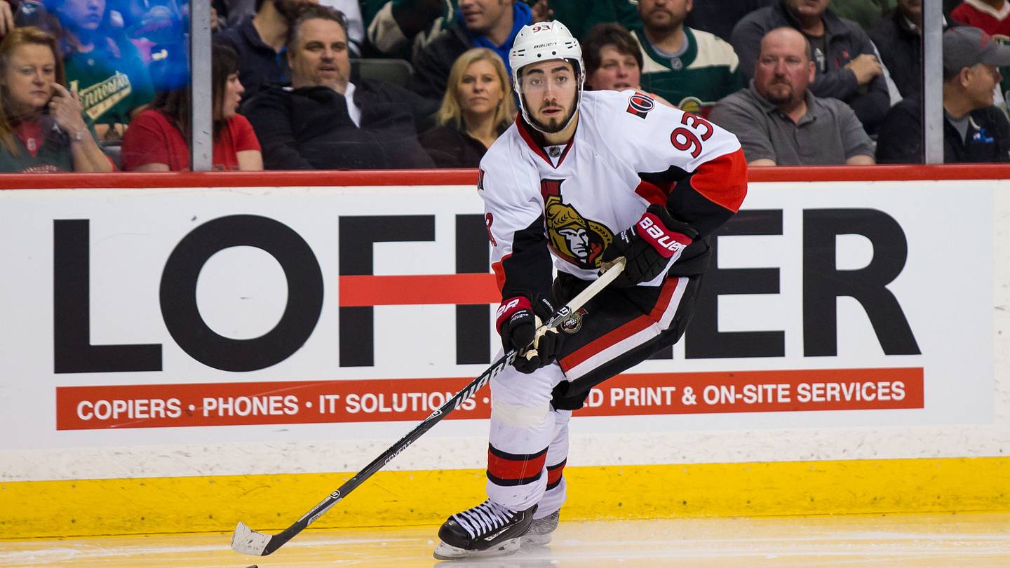 Mar 31, 2016; Saint Paul, MN, USA; Ottawa Senators forward Mika Zibanejad (93) skates with the puck in the second period against the Minnesota Wild at Xcel Energy Center. the Ottawa Senators beat the Minnesota Wild 3-2. Mandatory Credit: Brad Rempel-USA TODAY Sports