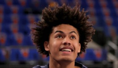 Nov 5, 2025; New York, New York, USA; Minnesota Timberwolves forward Joan Beringer (19) warms up before a game against the New York Knicks at Madison Square Garden. Mandatory Credit: Brad Penner-Imagn Images