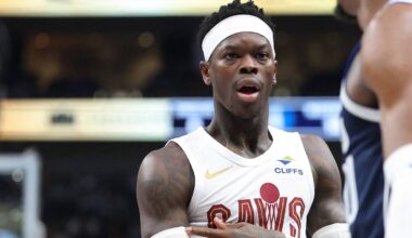 Mar 13, 2026; Dallas, Texas, USA;  Cleveland Cavaliers guard Dennis Schroder (8) reacts in fron tof Dallas Mavericks guard Ryan Nembhard (9) during the first half at American Airlines Center. Mandatory Credit: Kevin Jairaj-Imagn Images