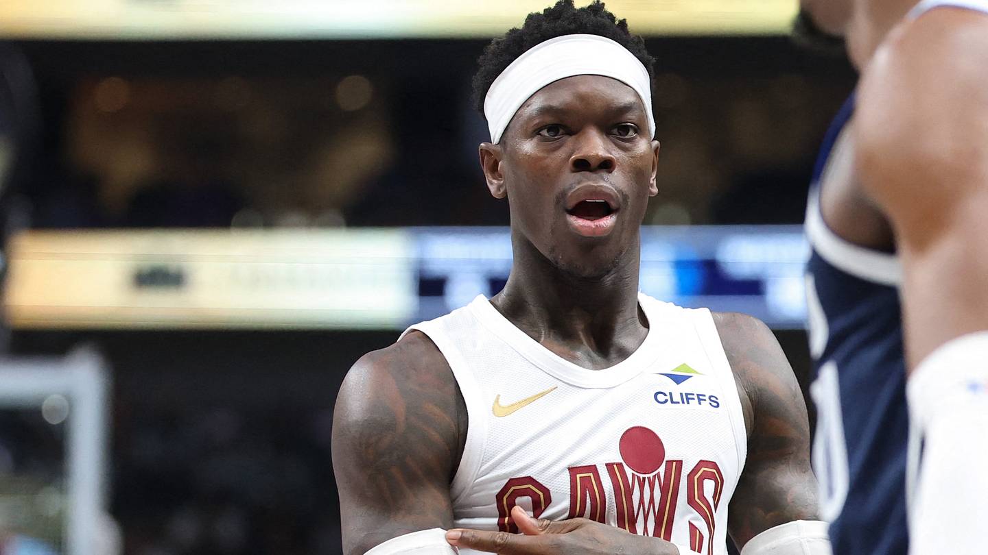 Mar 13, 2026; Dallas, Texas, USA;  Cleveland Cavaliers guard Dennis Schroder (8) reacts in fron tof Dallas Mavericks guard Ryan Nembhard (9) during the first half at American Airlines Center. Mandatory Credit: Kevin Jairaj-Imagn Images