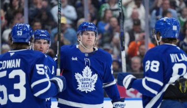 Apr 13, 2026; Toronto, Ontario, CAN; Toronto Maple Leafs center John Tavares (91) scores a goal and celebrates with left wing Matthew Knies (23) against the Dallas Stars during the first period at Scotiabank Arena. Mandatory Credit: Nick Turchiaro-Imagn Images