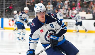 Apr 13, 2026; Las Vegas, Nevada, USA; Winnipeg Jets center Mark Scheifele (55) warms up before the start of a game against the Vegas Golden Knights at T-Mobile Arena. Mandatory Credit: Stephen R. Sylvanie-Imagn Images