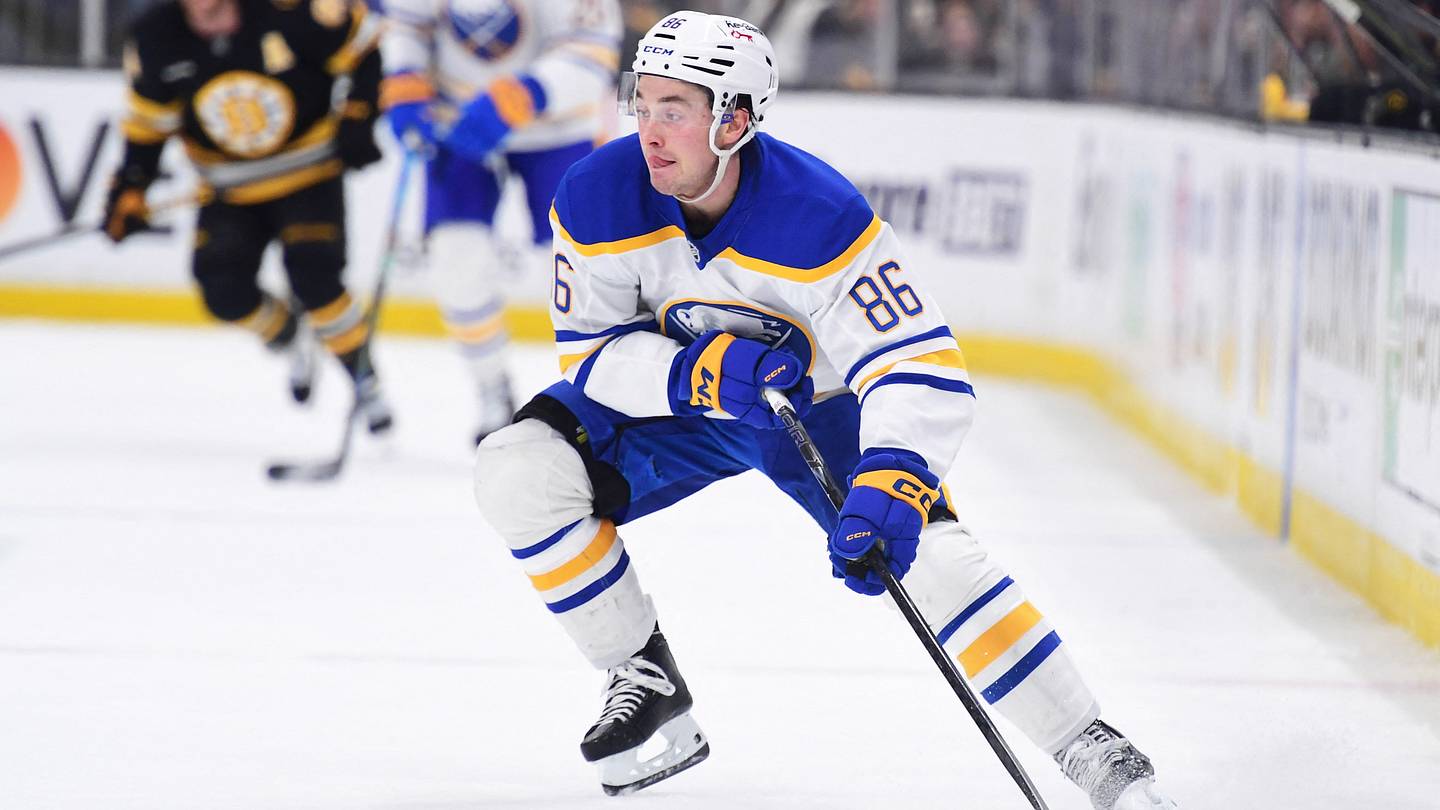 Apr 26, 2026; Boston, Massachusetts, USA; Buffalo Sabres center Noah Ostlund (86) controls the puck during the second period in game four of the first round of the 2026 Stanley Cup Playoffs against the Boston Bruins at TD Garden. Mandatory Credit: Bob DeChiara-Imagn Images