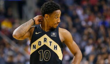 Jan 28, 2018; Toronto, Ontario, CAN; Toronto Raptors guard DeMar DeRozan (10) reacts after a play against the Los Angeles Lakers during the first half at the Air Canada Centre. Mandatory Credit: John E. Sokolowski-USA TODAY Sports