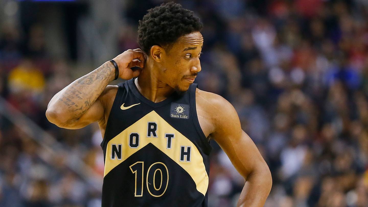 Jan 28, 2018; Toronto, Ontario, CAN; Toronto Raptors guard DeMar DeRozan (10) reacts after a play against the Los Angeles Lakers during the first half at the Air Canada Centre. Mandatory Credit: John E. Sokolowski-USA TODAY Sports