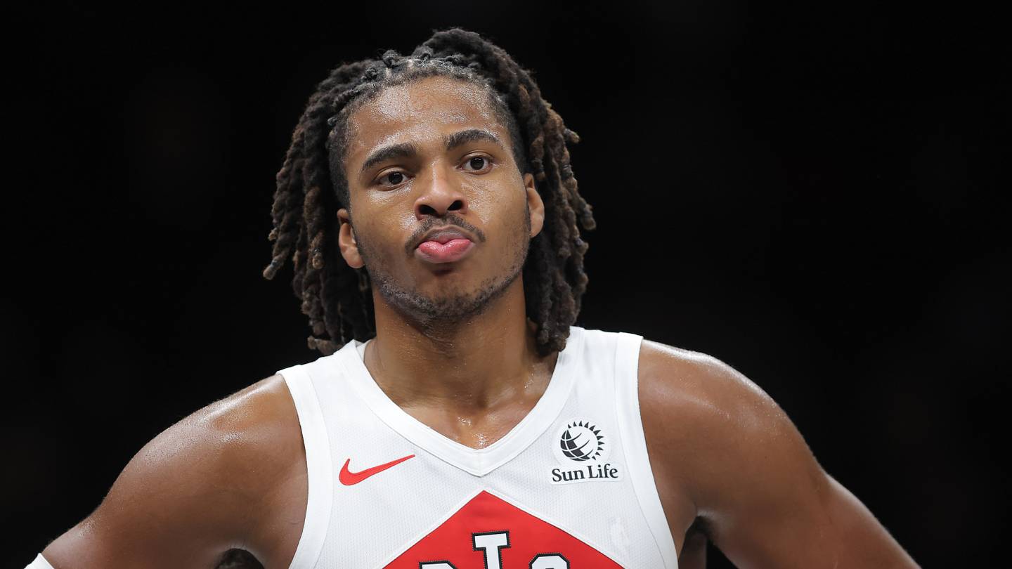 Nov 11, 2025; Brooklyn, New York, USA; Toronto Raptors forward Collin Murray-Boyles (12) during the third quarter against the Brooklyn Nets at Barclays Center. Mandatory Credit: Brad Penner-Imagn Images