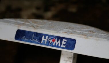 Jul 30, 2021; Toronto, Ontario, CAN; A close up of the Toronto Blue Jays logo on a spare base used during a game against the Kansas City Royals at Rogers Centre. Mandatory Credit: John E. Sokolowski-USA TODAY Sports