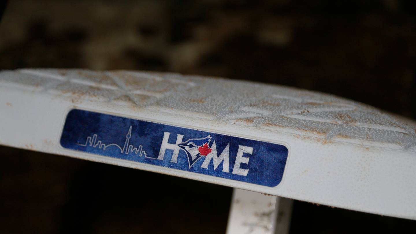 Jul 30, 2021; Toronto, Ontario, CAN; A close up of the Toronto Blue Jays logo on a spare base used during a game against the Kansas City Royals at Rogers Centre. Mandatory Credit: John E. Sokolowski-USA TODAY Sports
