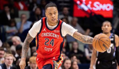 Apr 7, 2026; New Orleans, Louisiana, USA;  New Orleans Pelicans guard Jordan Hawkins (24) dribbles the ball court against the Utah Jazz during the first half at Smoothie King Center. Mandatory Credit: Stephen Lew-Imagn Images