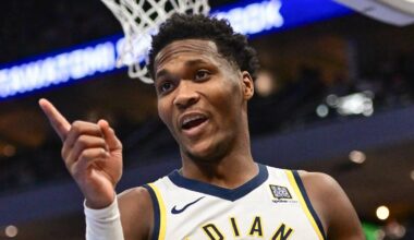 Nov 22, 2024; Milwaukee, Wisconsin, USA; Indiana Pacers forward Bennedict Mathurin (00) reacts in the second quarter against the Milwaukee Bucks at Fiserv Forum. Mandatory Credit: Benny Sieu-Imagn Images