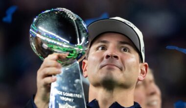 Seattle Seahawks head coach Mike Macdonald celebrates with the Vince Lombardi trophy