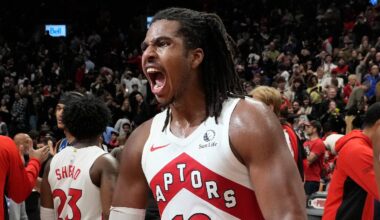Dec 29, 2025; Toronto, Ontario, CAN; Toronto Raptors forward Collin Murray-Boyles (12) reacts after a win over the Orlando Magic at Scotiabank Arena. Mandatory Credit: John E. Sokolowski-Imagn Images