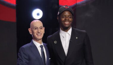Jun 23, 2026; New York, NY, USA; NBA commissioner Adam Silver greets the fourth pick in the 2026 NBA draft, North Carolina forward Caleb Wilson after he was selected by the Chicago Bulls at Barclays Center. Mandatory Credit: Brad Penner-Imagn Images