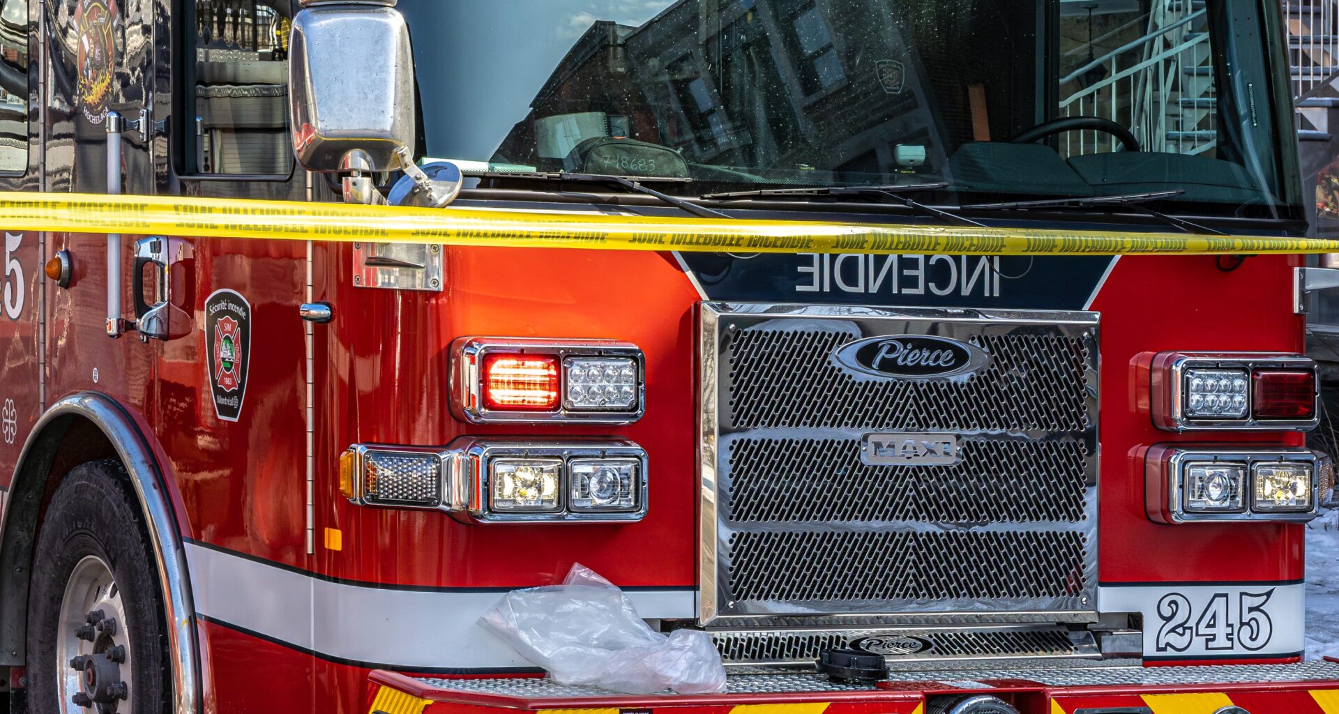 The front of a fire truck.