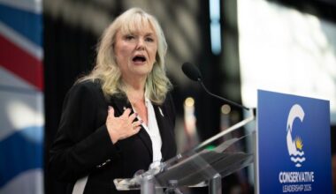 Elected leader of the B.C. Conservative Party Kerry-Lynne Findlay speaks during leadership election night in Vancouver, on Saturday, May 30, 2026. THE CANADIAN PRESS/Ethan Cairns