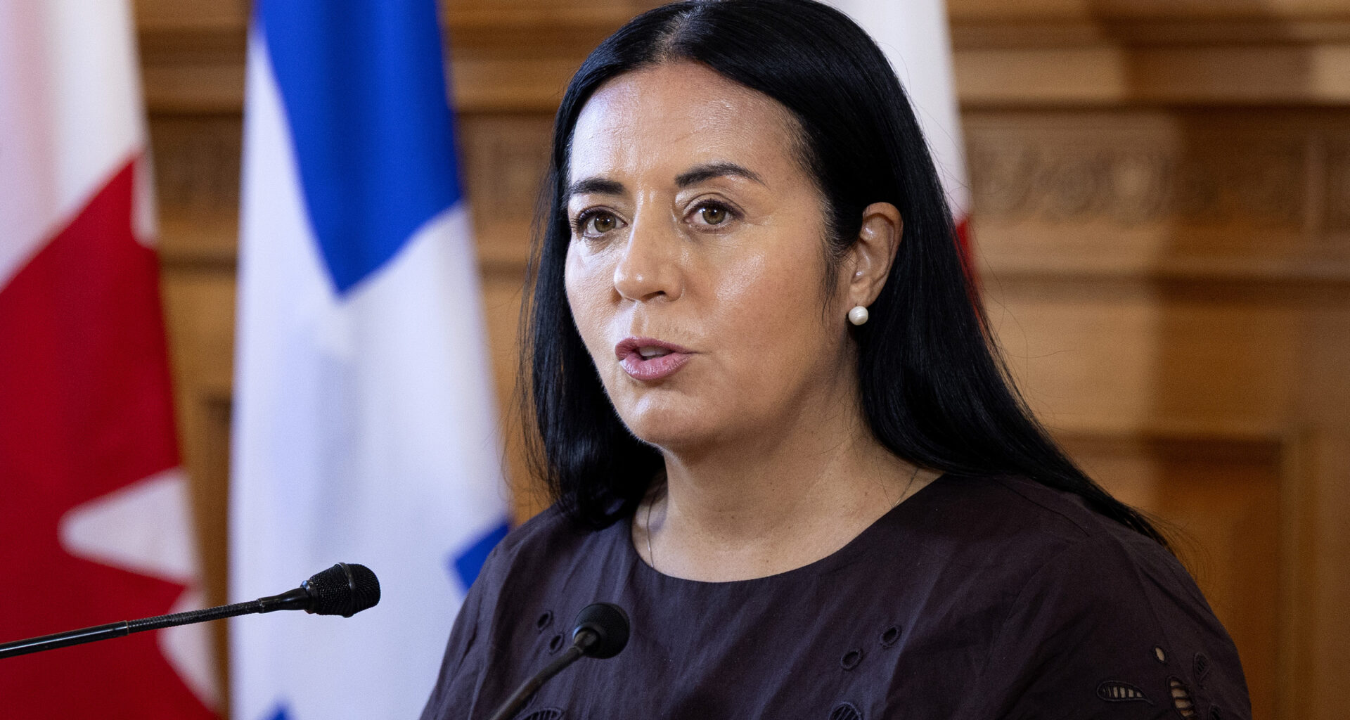 Soraya Martinez Ferrada in front of a microphone with flags behind her.