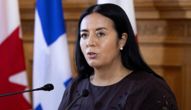 Soraya Martinez Ferrada in front of a microphone with flags behind her.