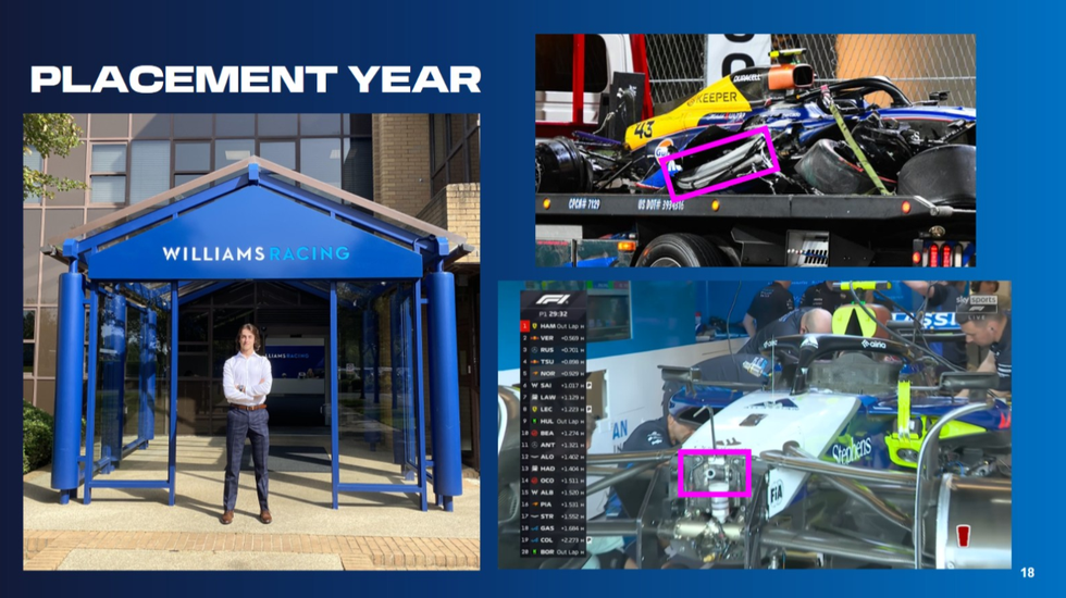 Collage featuring Williams Racing headquarters, a damaged race car on a truck, and a pit crew working on a vehicle. Collage featuring Williams Racing headquarters, a damaged race car on a truck, and a pit crew working on a vehicle.