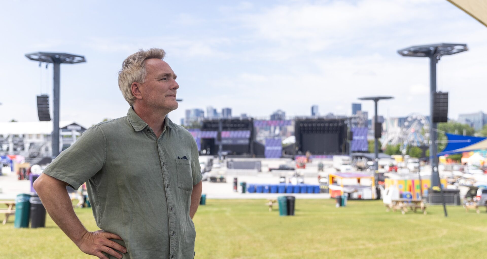 Eric Fortin-Lambert senior director, production operations for Evenko looks over the Osheaga main stage area in Montreal on Thursday, July 30, 2026.
