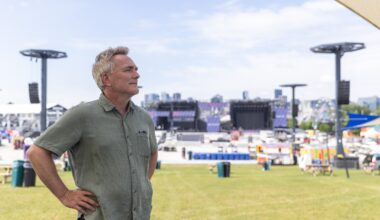 Eric Fortin-Lambert senior director, production operations for Evenko looks over the Osheaga main stage area in Montreal on Thursday, July 30, 2026.