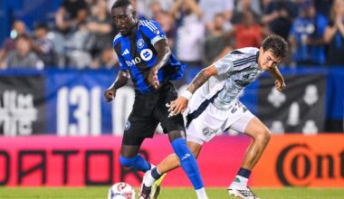 Prince Owusu of CF Montréal controls the ball against Ethan Kohler of the New England Revolution