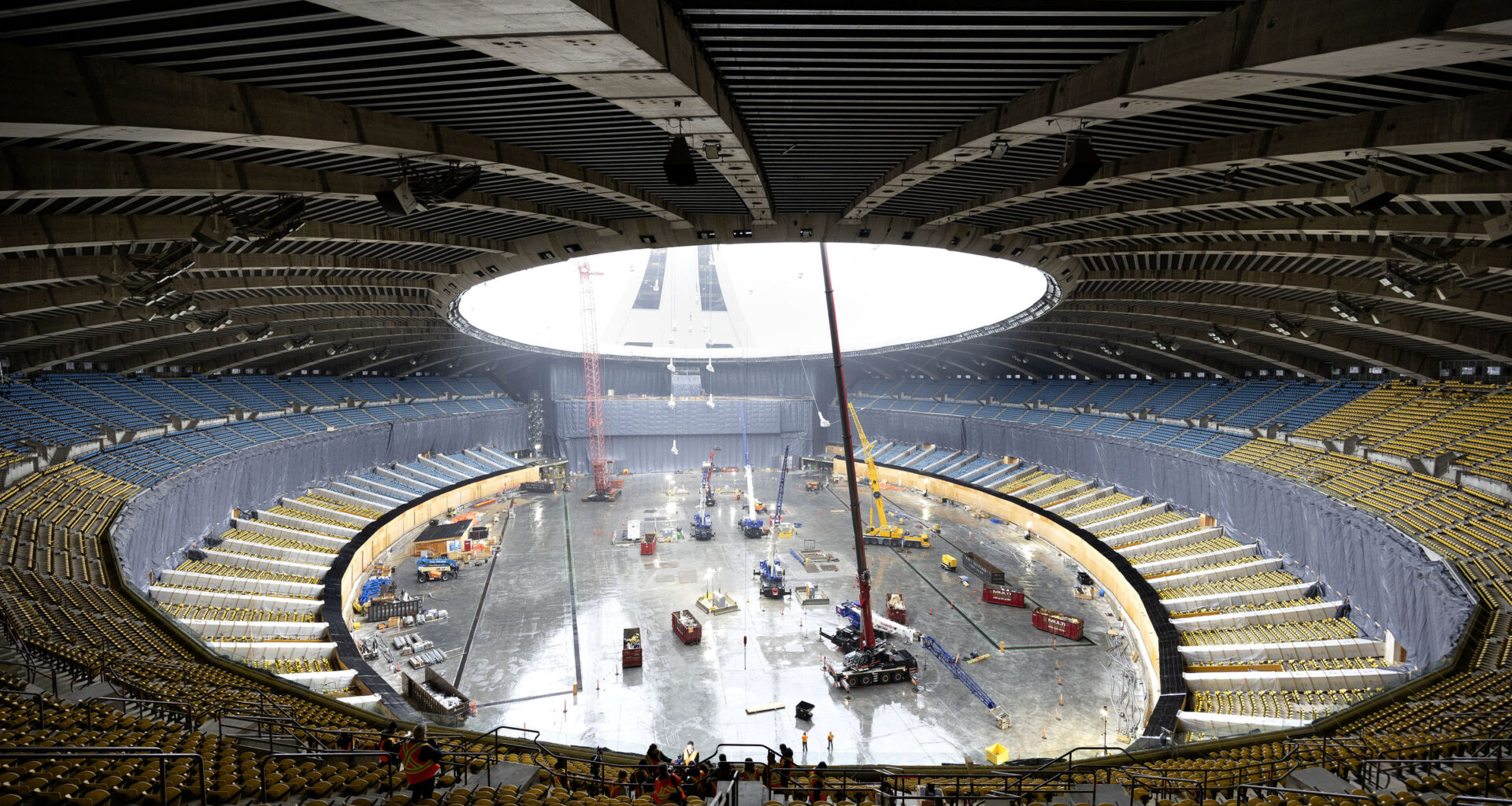 Work to disassemble and remove the old roof at the Olympic Stadium in Montreal on Nov. 25, 2024.
