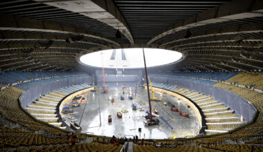 Work to disassemble and remove the old roof at the Olympic Stadium in Montreal on Nov. 25, 2024.