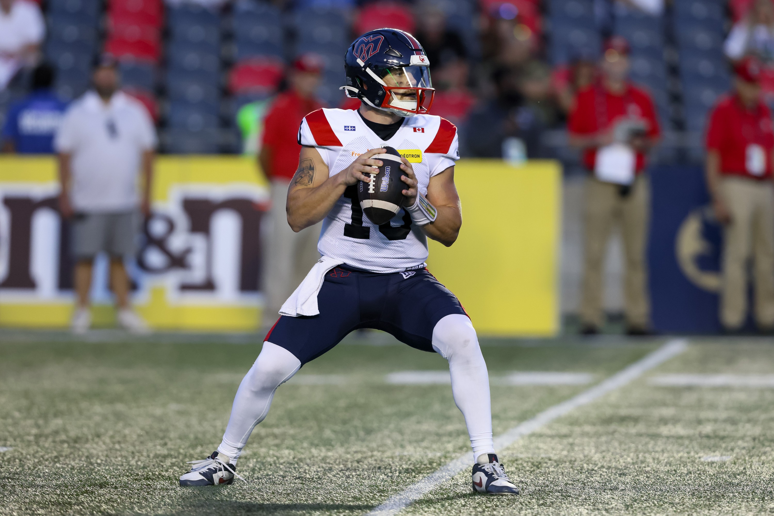 Alouettes' Davis Alexander looks downfield against the Redblacks in Ottawa on July 31.
