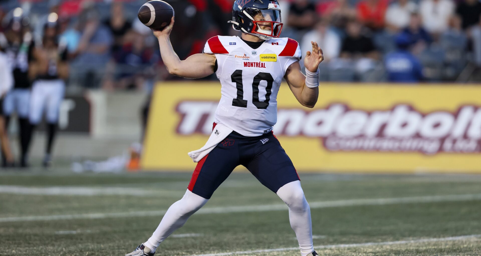 Alouettes quarterback Davis Alexander fires a pass against the Redblacks in Ottawa on July 31.