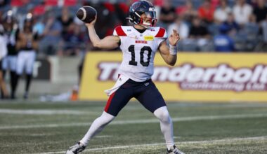 Alouettes quarterback Davis Alexander fires a pass against the Redblacks in Ottawa on July 31.