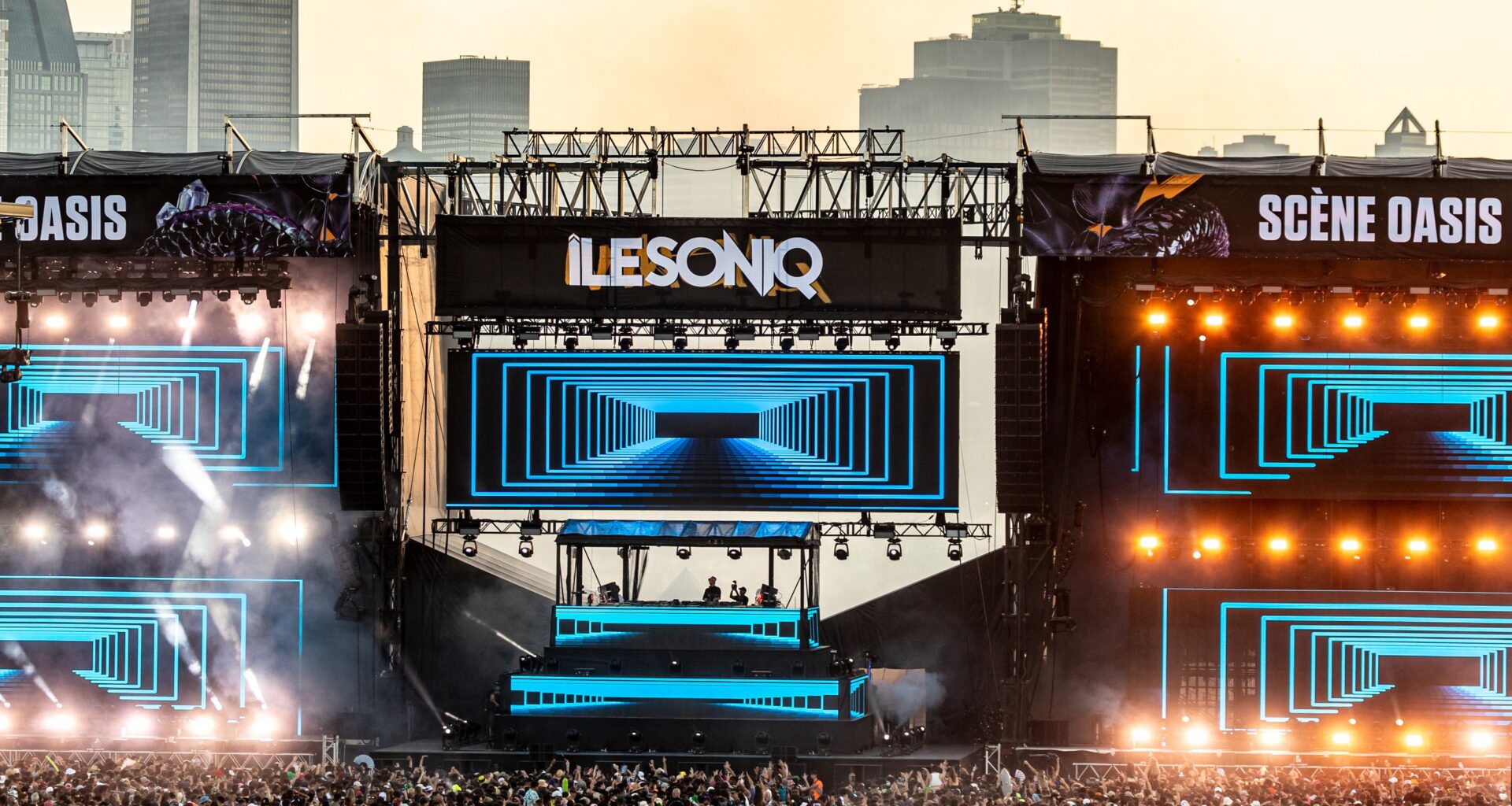 A view of the main stage at the IleSoniq music festival, with downtown Montreal in the background