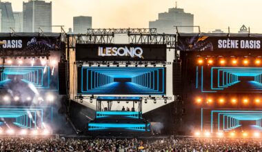 A view of the main stage at the IleSoniq music festival, with downtown Montreal in the background