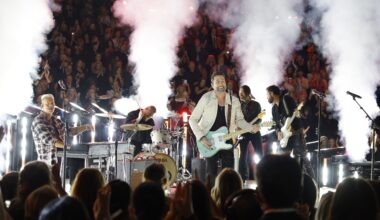 Trevor Rosen (from left), Geoff Sprung, Matthew Ramsey and Brad Tursi of Old Dominion perform during the 59th Annual CMA Awards in Nashville last November.