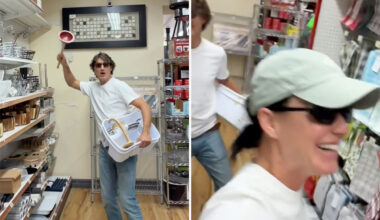 Screenshots of Justin Trudeau and Katy Perry dancing in a hardware store