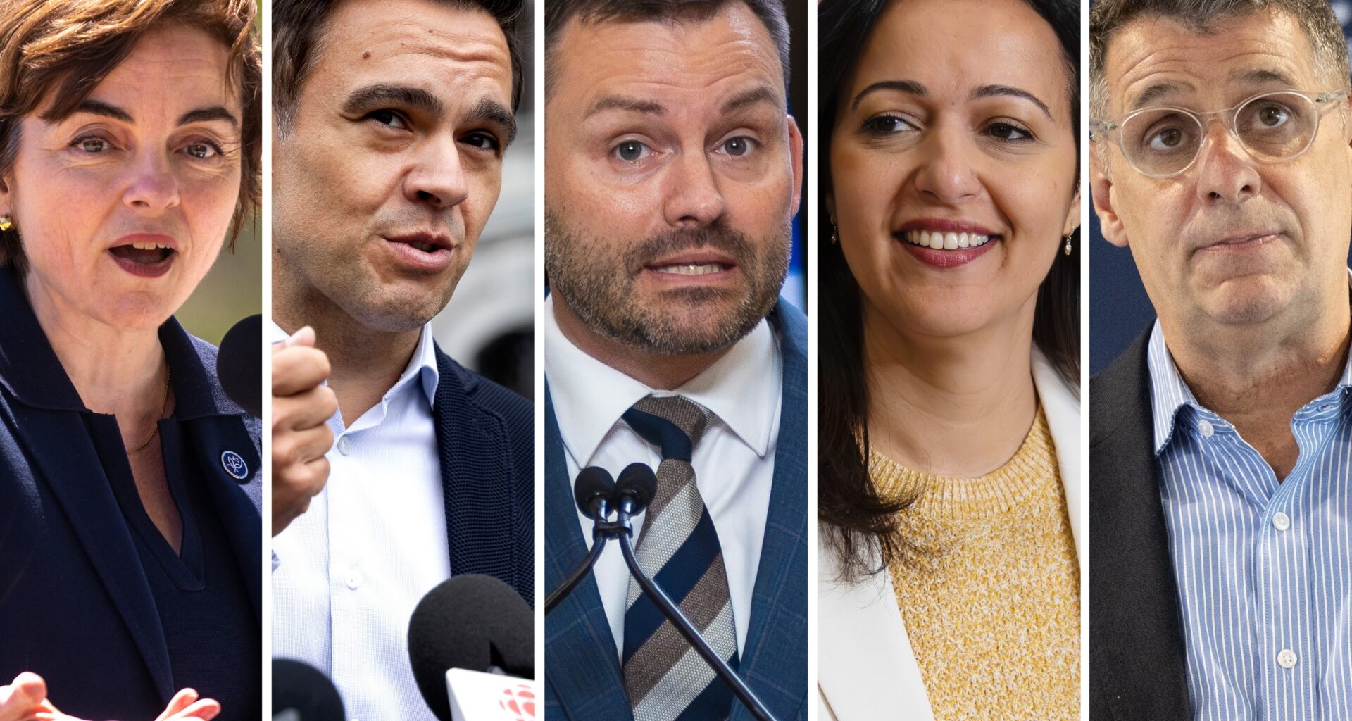 A collage of five photos shows Coalition Avenir Québec Leader Christine Fréchette, Quebec Liberal Party Leader Charles Milliard, Parti Québécois Leader Paul St-Pierre Plamondon, Québec solidaire co-spokesperson Ruba Ghazal and Conservative Party of Quebec Leader Éric Duhaime.