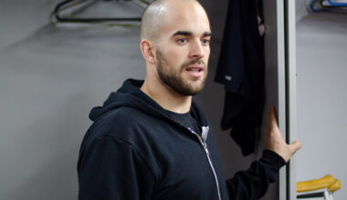 Montreal Alouettes safety Matthieu Proulx speaks to the media at his locker in the Alouettes' locker room at the Olympic Stadium in Montreal on Tuesday, November 30, 2010.