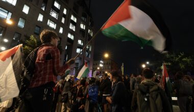 Pro-Palestinian protesters outside Montreal City Hall at night