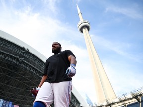 Vladimir Guerrero Jr. of the Toronto Blue Jays warms up ahead of their game against the Kansas City Royals at Rogers Centre on Tuesday.