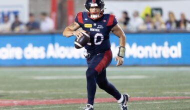 Alouettes quarterback Davis Alexander scrambles during 37-30 win over Calgary Stampeders in Montreal on July 11.
