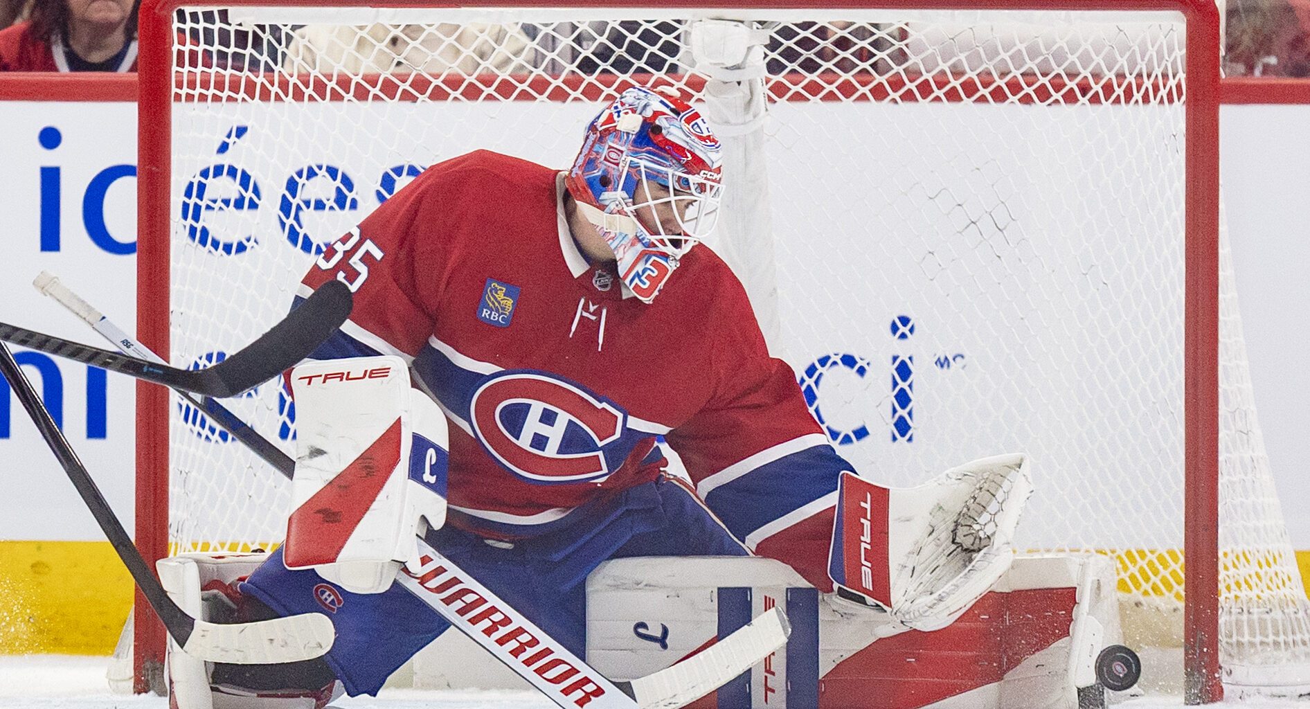 Canadiens' Samuel Montembeault makes a save on an Ottawa Senators' shot during first period in Montreal on Dec. 2, 2025.