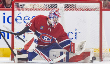 Canadiens' Samuel Montembeault makes a save on an Ottawa Senators' shot during first period in Montreal on Dec. 2, 2025.