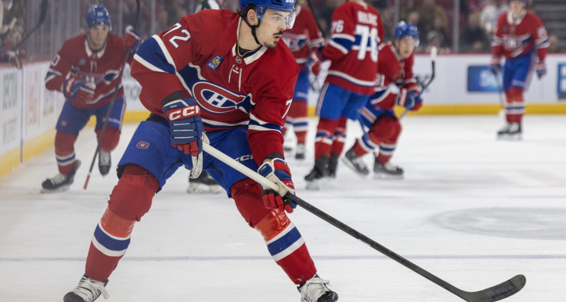 Canadiens defenceman Arber Xhekaj carries the puck into the Vancouver Canucks' zone during the first period in Montreal on Jan. 12.