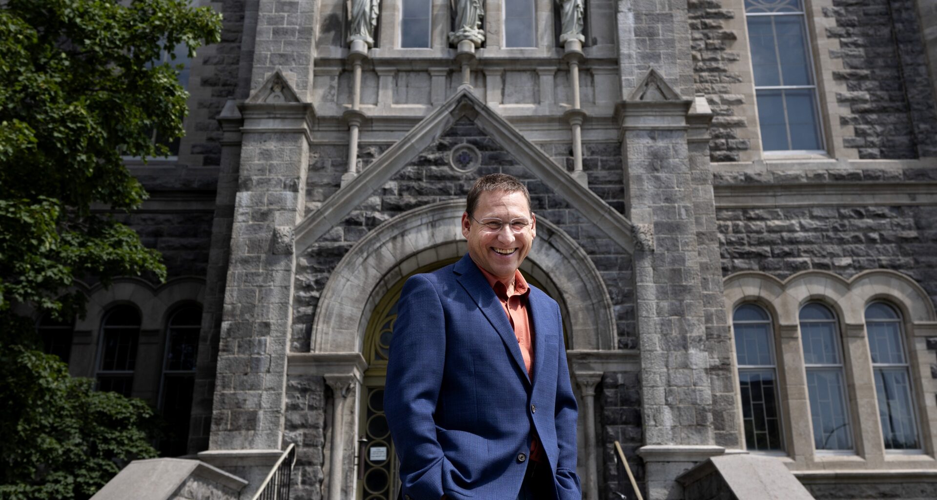 New Democratic Party leader Avi Lewis outside the immaculate conception church where he is attending French classes, in Montreal, on Thursday, July 30, 2026.