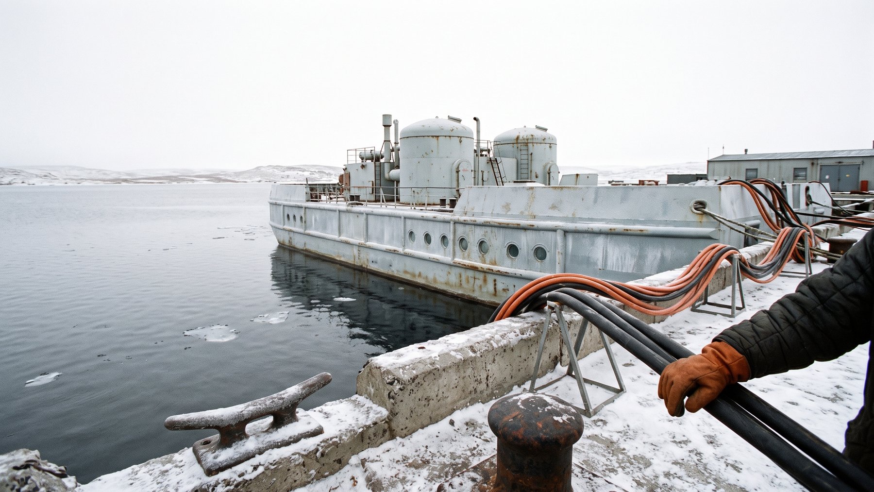 The floating nuclear plant Akademik Lomonosov moored at Pevek in the Russian Arctic, 1 billion kilowatt