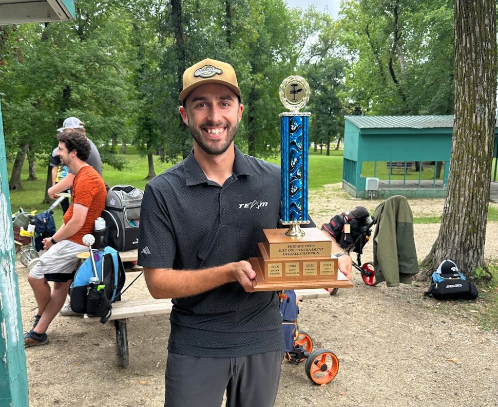 Eric Giesbrecht celebrating his 3rd win at the 2026 Portage Open. Photo submitted/Cody Buhler