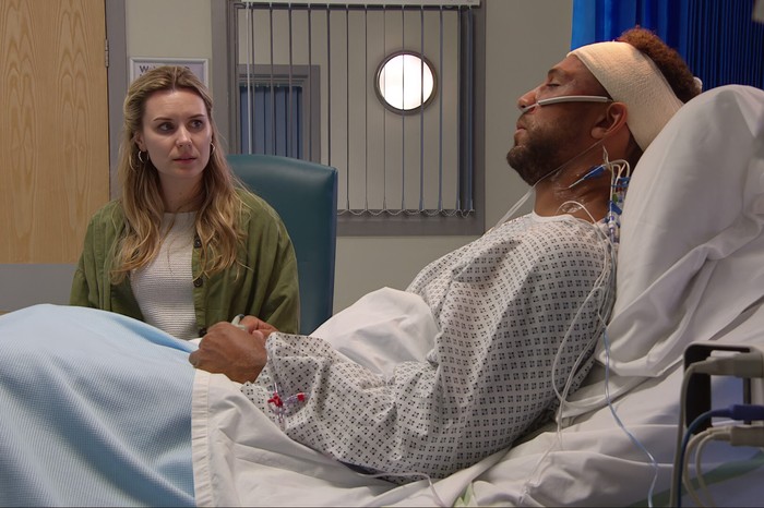 Dawn chats to Billy in the hospital in a scene from Emmerdale