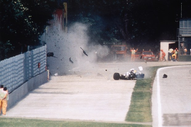 Ayrton Senna crashes into a wall during the 1994 San Marino Grand Prix in Imola, Italy. Senna later died at the Maggiore Hospital in Bologna. (Photo by Alberto Pizzoli/Sygma/Sygma via Getty Images)