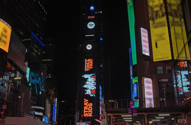 A Spotify billboard promoting Stray Kids' new album 'THIS & THAT' is displayed in New York's Times Square in this undated photo. The EP debuted at No. 1 on the Billboard 200 on Aug. 22, giving the group its ninth consecutive chart-topping debut. Courtesy of JYP Entertainment