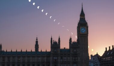 Partial solar eclipse over London, captured by Toshi Omagari, 12 August 2026. Equipment: FujiFilm X-E4 camera, Sigma 18–50mm lens, solar filter. Exposure for eclipse: f/8, 1/4000s, ISO 3200, 5-minute intervals. Exposure for Big Ben: f/8, 1/180, ISO 640