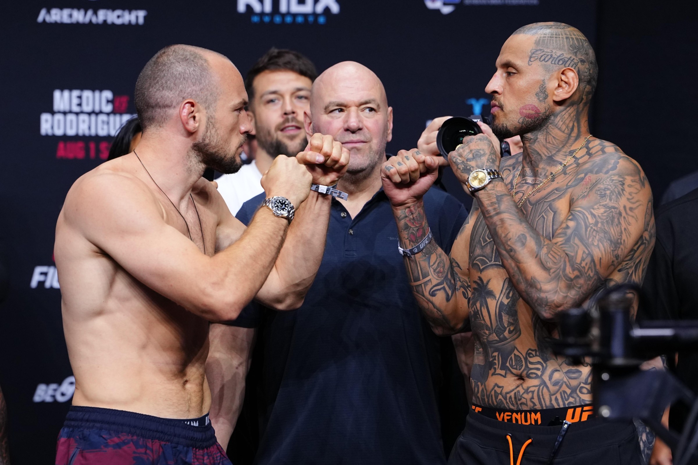 BELGRADE, SERBIA - JULY 31: (L-R) Opponents Uros Medic of Serbia and Daniel Rodriguez face off during the UFC Fight Night ceremonial weigh-in at Belgrade Arena on July 31, 2026 in Belgrade, Serbia. (Photo by Jeff Bottari/Zuffa LLC)